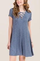 Francesca's Khloe Lattice Neck Knit Shift Dress - Oxford Blue