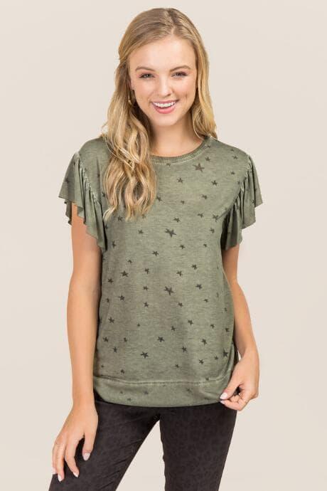 Dantelle Jamie Ruffle Sleeve Burn Out Stars Tee - Dark Olive