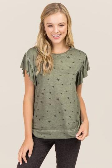 Dantelle Jamie Ruffle Sleeve Burn Out Stars Tee - Dark Olive