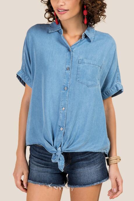 Francesca Inchess Alicia Front Knot Button Down Shirt - Medium Wash