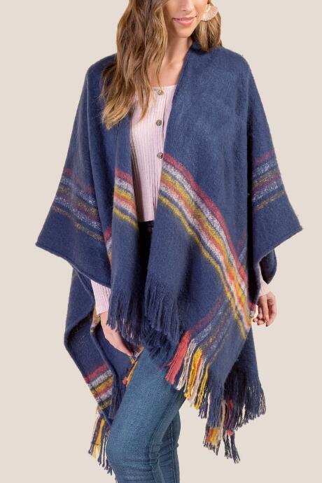 Francesca Inchess Tamara Boucle Plaid Ruana - Navy