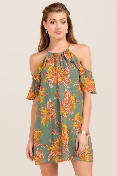 Mi Ami Eliff Cold Shoulder Floral Dress - Dark Olive