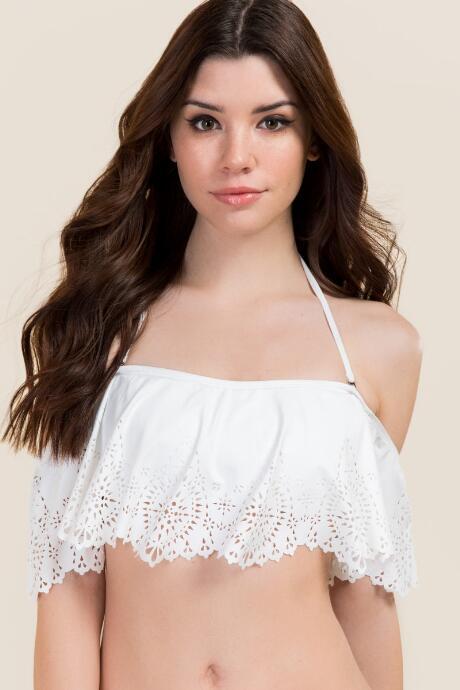 Francesca's Mila Laser Cut Off The Shoulder Swimsuit Top - White