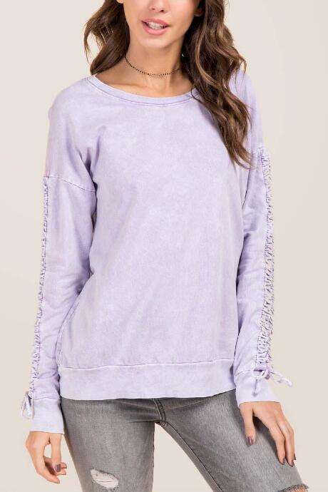 Francesca's Rumi Cinch Sleeve Oil Wash Sweatshirt - Orchid