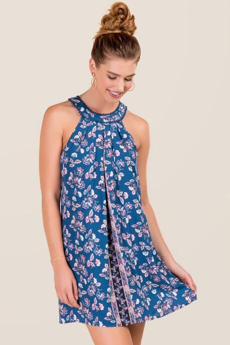 Miami Leena Halter Neck Pom Trim Shift Dress - Peacock