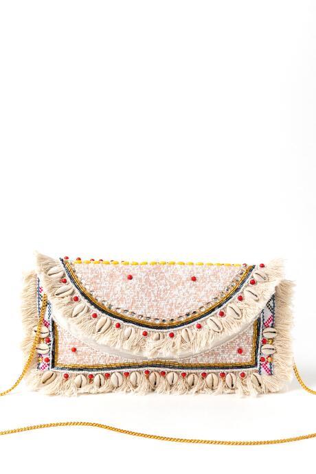 Francesca's Nina Beaded Shell And Fringe Clutch - Natural