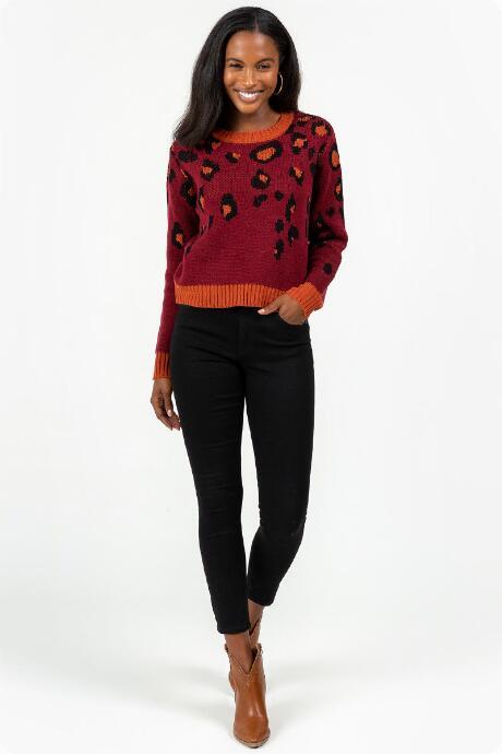 Francesca's Micah Cascading Animal Print Sweater - Wine