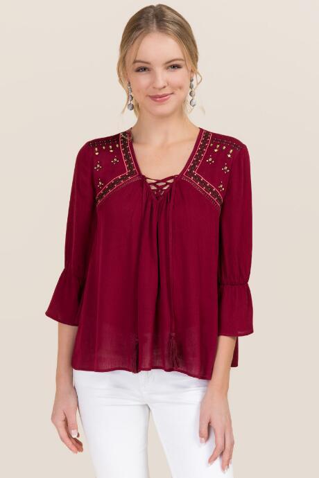 Blue Rain Carlene Embroidered Yoke Lattice Top - Wine