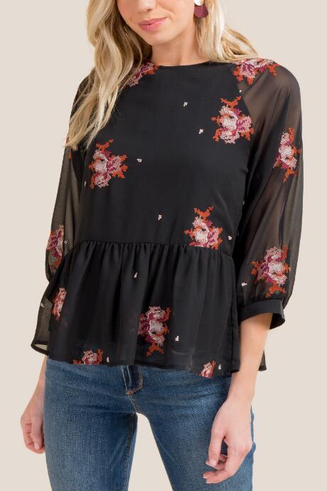 Francesca Inchess Roxi Cross Stitch Floral Blouse - Black
