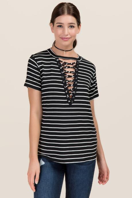 Alya Aislin Striped Extreme Lattice Knit Top - Black/white