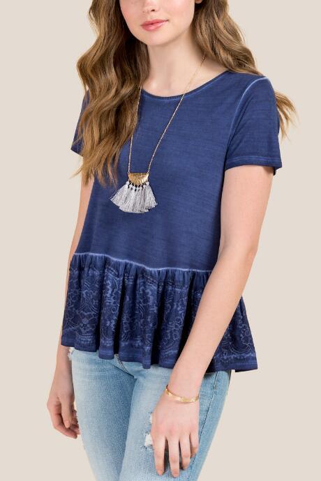 Francesca Inchess Cateline Lace Peplum Oil Wash Tank - Navy