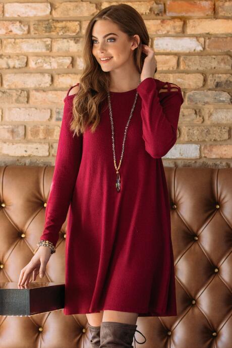 Alya Geena Lattice Shoulder Hacci Knit Dress - Burgundy