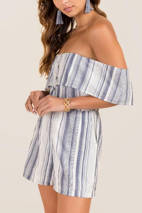 Francesca's Inez Off The Shoulder Stripe Romper - Blue