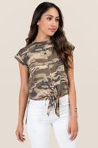 Alya Olive Camo Tie Front Knit Tee - Olive