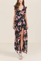 Francesca's Veronica Floral Slit Front Maxi Dress - Navy