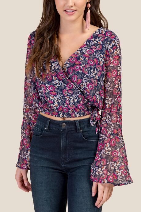 Francesca Inchess Jess Wrap Front Bell Sleeve Crop Top - Ink Navy