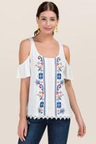 Francesca's Niki Floral Embroidered Cold Shoulder Top - White