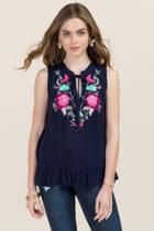 Blue Rain Brenna Peasant Tie Floral Embroidered Tank - Navy