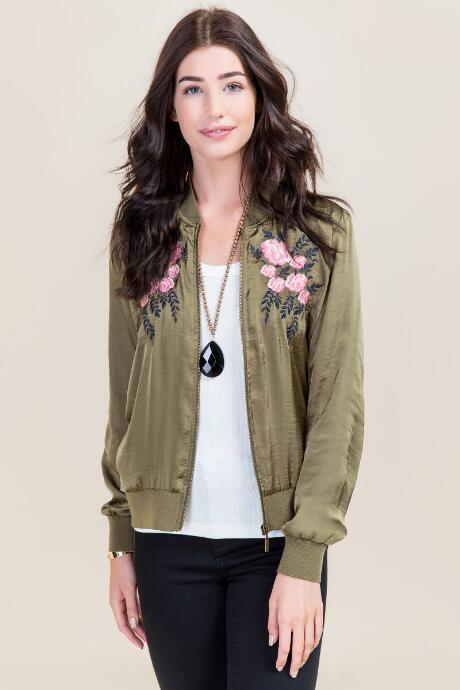 Mi Ami Kendra Floral Satin Bomber - Olive