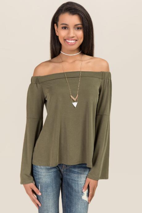 Alya Bettie Bell Sleeve Off The Shoulder Cupro Top - Dark Olive