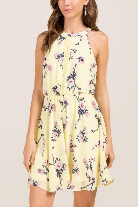 Francesca's Coco Floral Ladder Trim A-line Dress - Lemonade