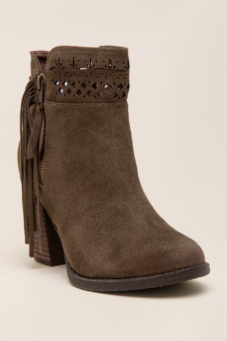 Not Rated- Chamonix Laser Cut Fringe Bootie - Khaki