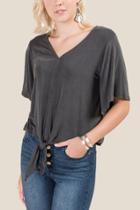 Francesca Inchess Ally Front Tie Peplum Sleeves Fashion Tee - Black