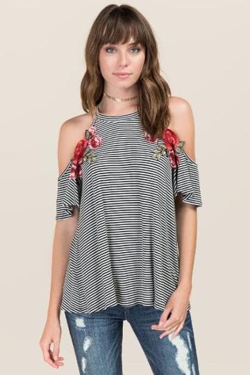 Sweet Claire Inc. Nici Cold Shoulder Rose Patch Top - Black/white