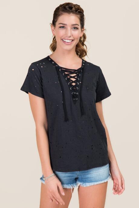 Alya Evertt Extreme Lattice Distressed Knit Tee - Black