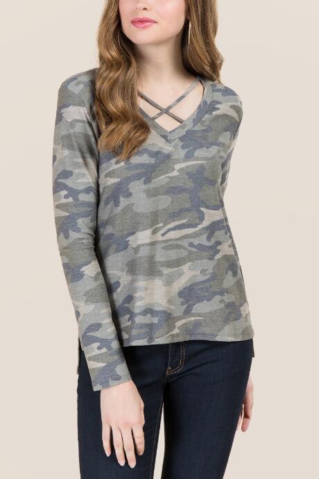 Sweet Claire Deanna X Neck Camo Terry Fashion Tee - Dark Olive