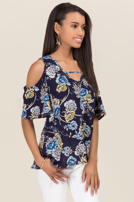 Blue Rain Vivianna Floral Cold Shoulder Bar Front Top - Navy