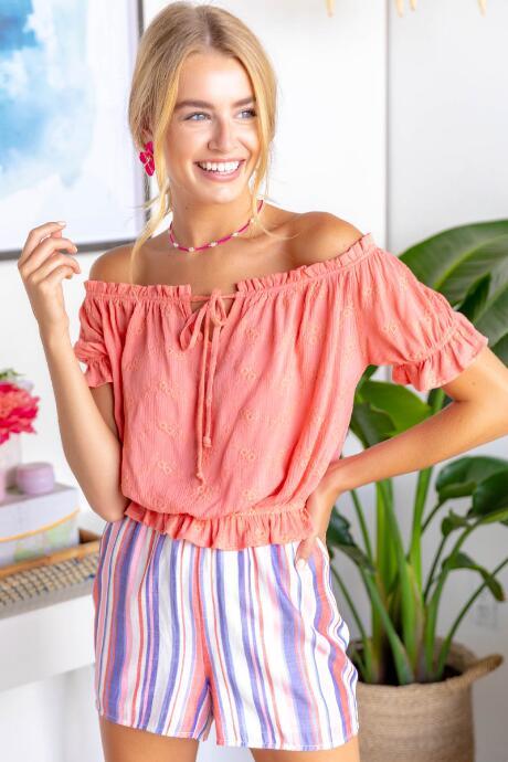 Francesca's Darla Off The Shoulder Eyelet Blouse - Coral