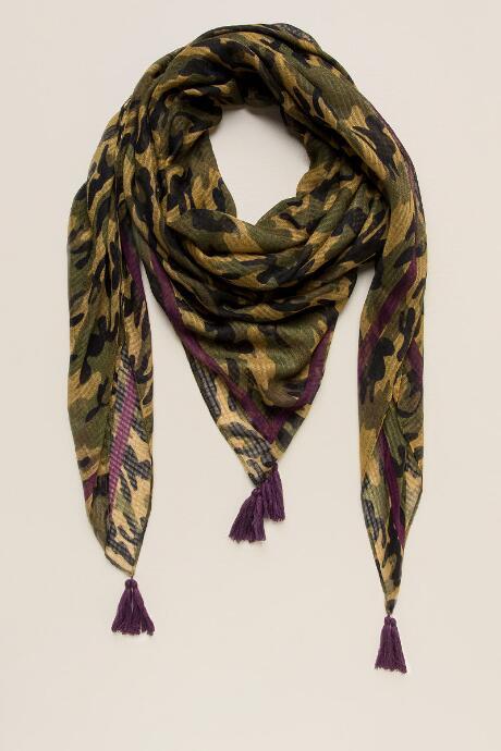 Francesca's Jettie Camo Tassel Scarf - Dark Olive