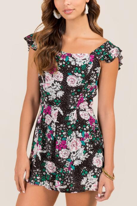 Francesca's Mesina Ruffle Floral Tie Back Romper - Black