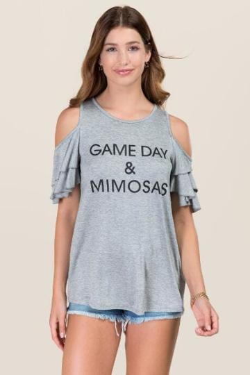 Sweet Claire Inc. Game Day & Mimosas Double Ruffle Graphic Tee - Heather Gray