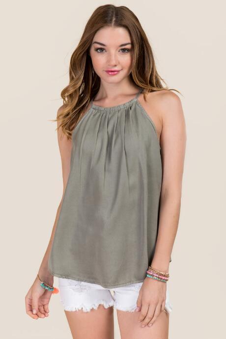 Blue Rain June High Neck Sleeveless Tank - Dark Olive