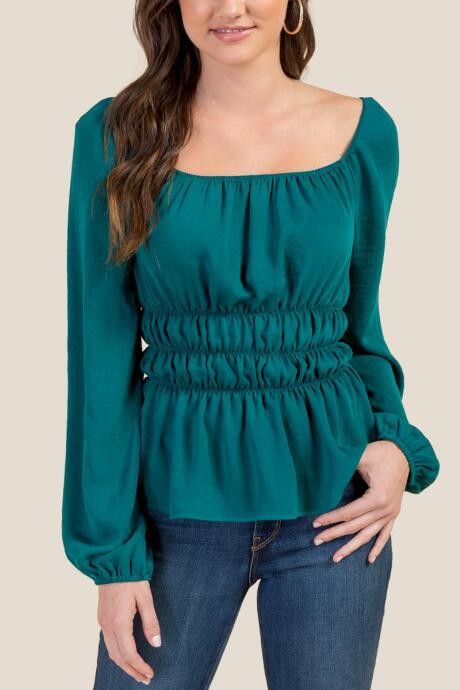 Francesca's Clara Peasant Smocked Waist Top - Forest