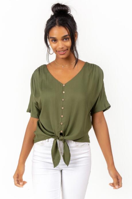 Francesca's Carleena Button Front Knot Blouse - Dark Olive