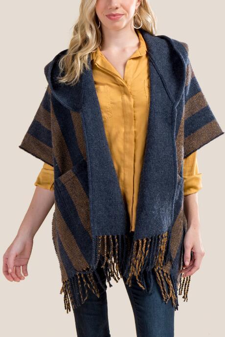 Francesca Inchess Tarran Striped Hooded Ruana - Navy