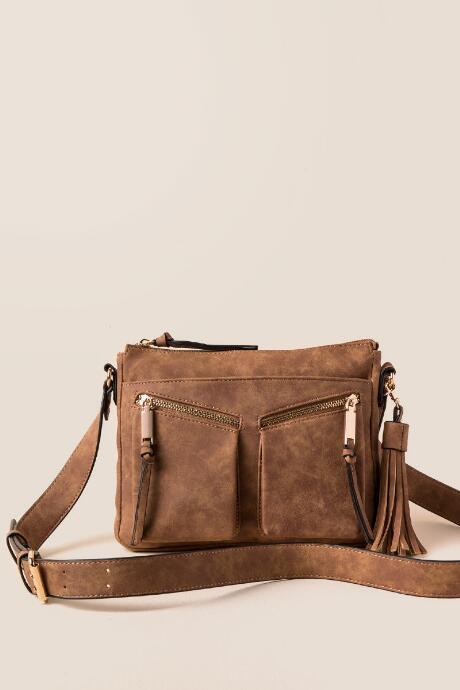Francesca's Maddie Double Zip And Tassel Crossbody - Cognac