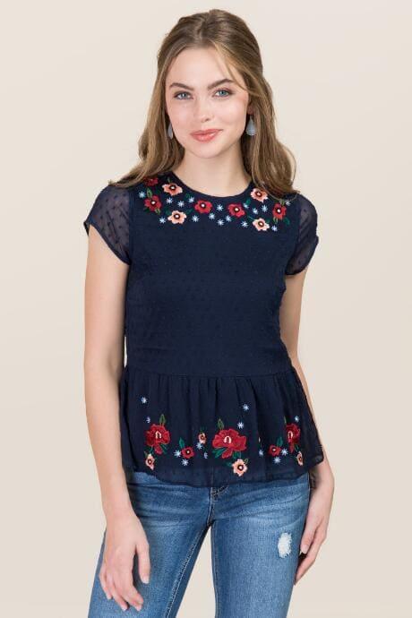 Blue Rain Ashlee Embroidered Clip Dot Peplum Top - Navy