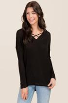Ayla Sheryl Long Sleeve X Neck Waffle Top - Black