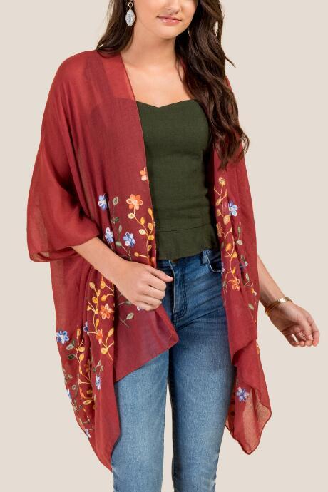 Francesca's Rena Embroidered Floral Ruana - Burgundy