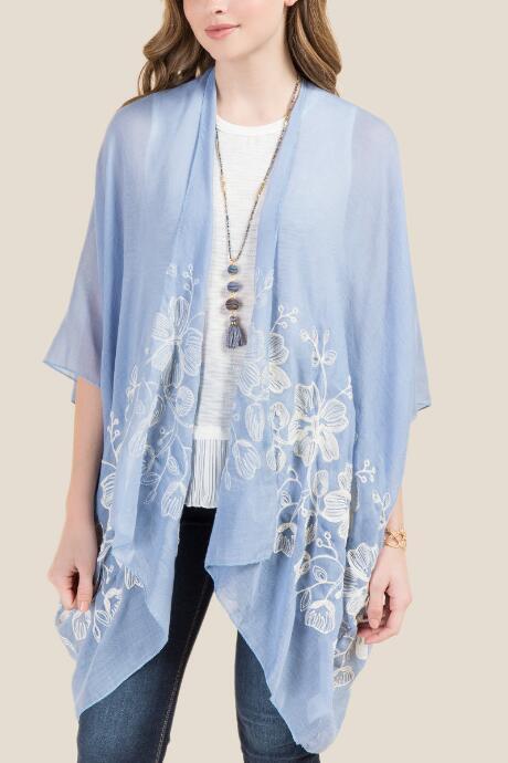 Francescas Cleo Embroidered Floral Ruana - Oxford Blue