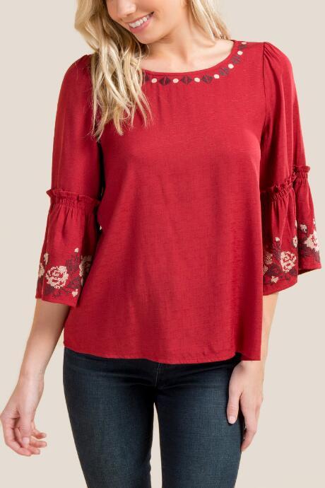 Francesca Inchess Rose Stitch Pattern Statement Sleeve Blouse - Brick