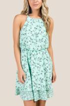 Francesca's Betsy Gather Floral Twin Print A-line Dress - Mint