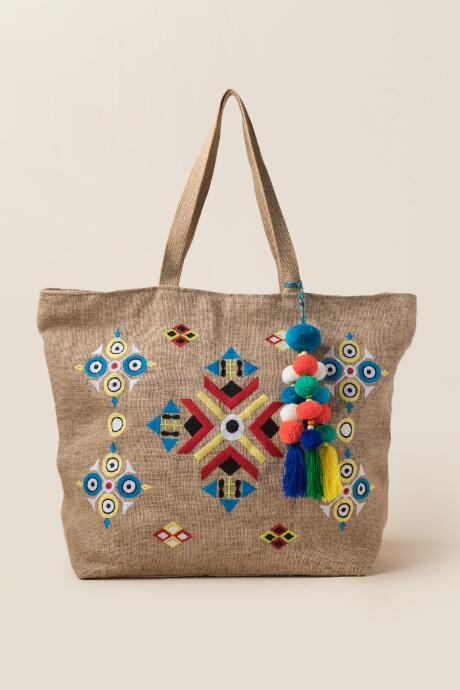 Francesca's Lourdes Tribal Embroidered Pom Pom Beach Tote - Natural