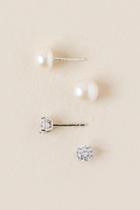 Francesca's Shanaya Cubic Zirconia Pearl Stud Earring Set - Silver