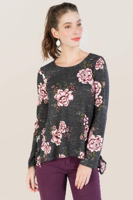 Francesca's Walker Floral Ruffle Step Hem Sweatshirt - Gray