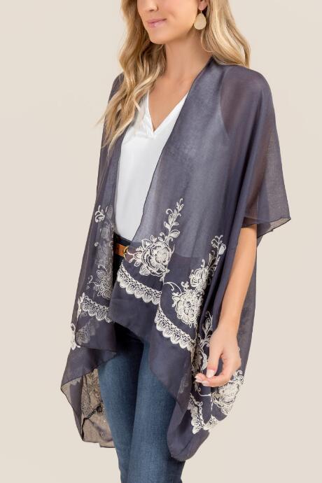 Francescas Fiona Sheer Embroidered Ruana - Navy